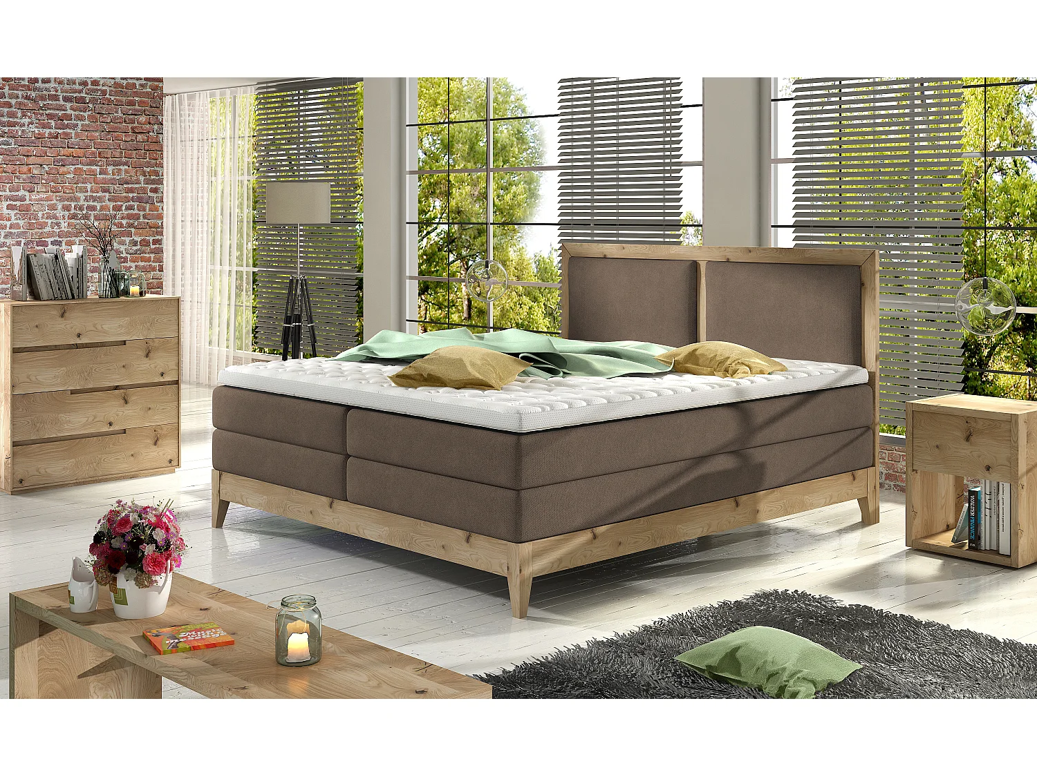 Lit continental BELIZE en chêne massif naturel, 180x200, matelas ergonomique avec surmatelas en mousse froide, déco bois, cappuccino