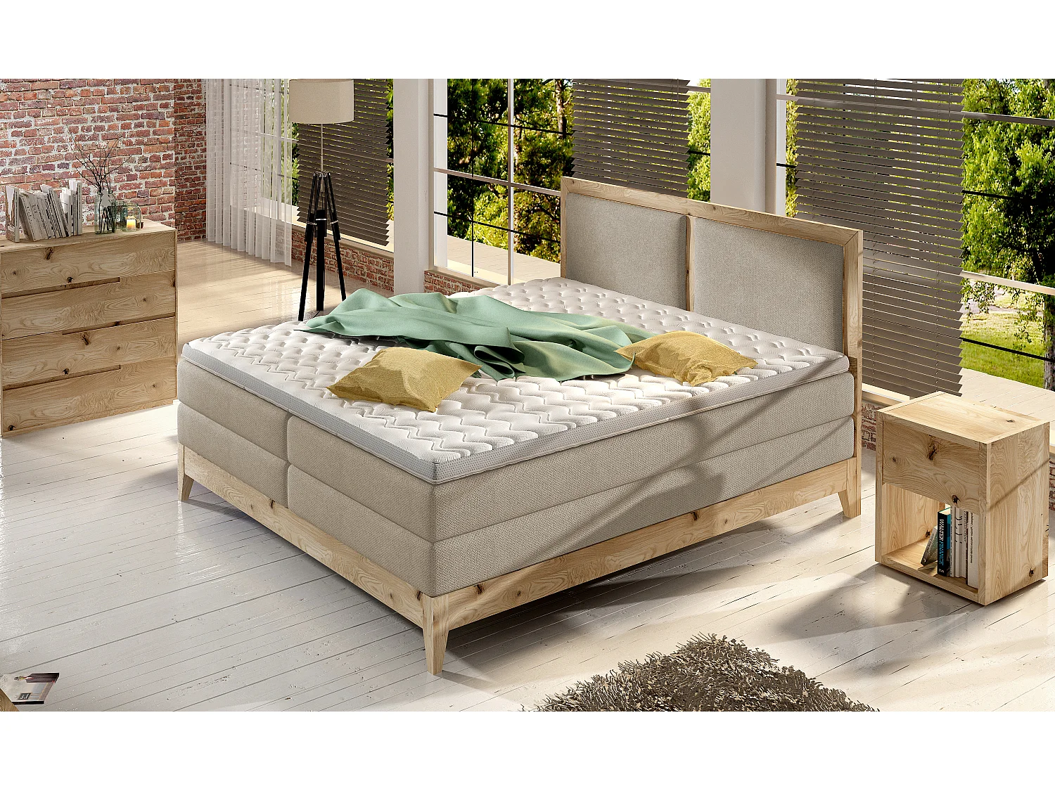 Continental bed BELIZE - elegant design in eik, bedhoogte 65 cm, 7-zone springveermatras, 160x200, beige