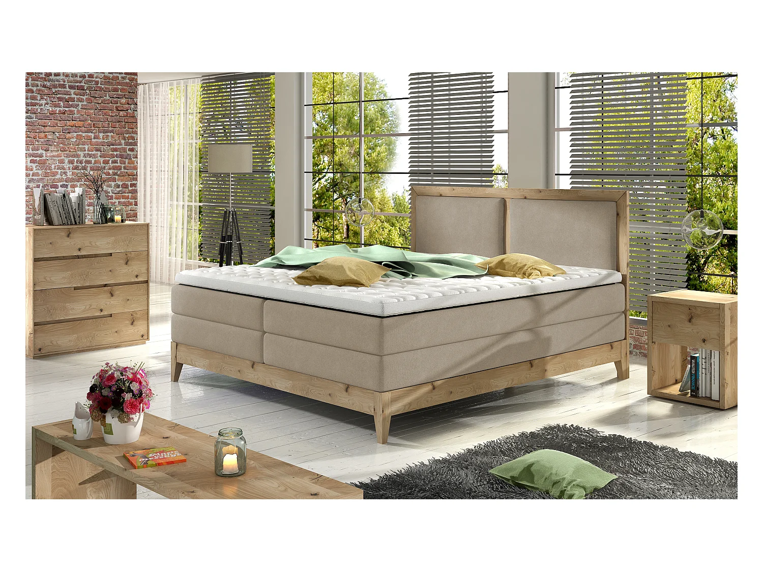 Lit continental BELIZE – design élégant en chêne, hauteur couchage 65 cm, matelas à ressorts 7 zones, 160x200, beige