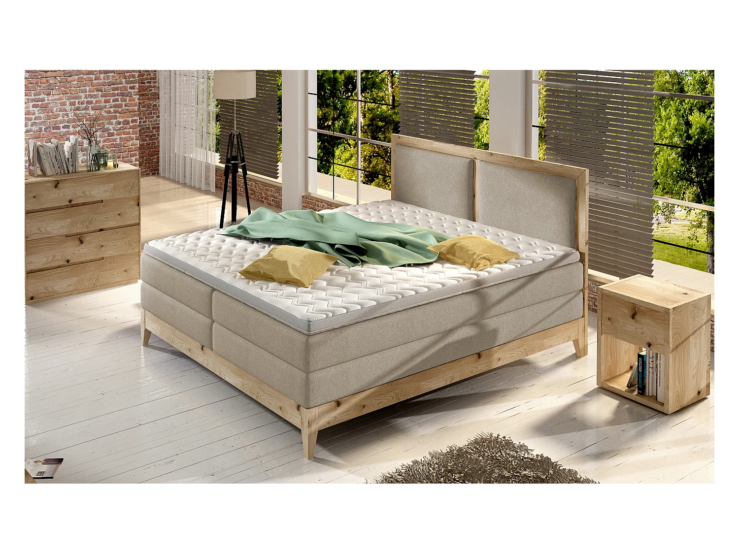 Lit continental BELIZE – design élégant en chêne, hauteur couchage 65 cm, matelas à ressorts 7 zones, 160x200, beige