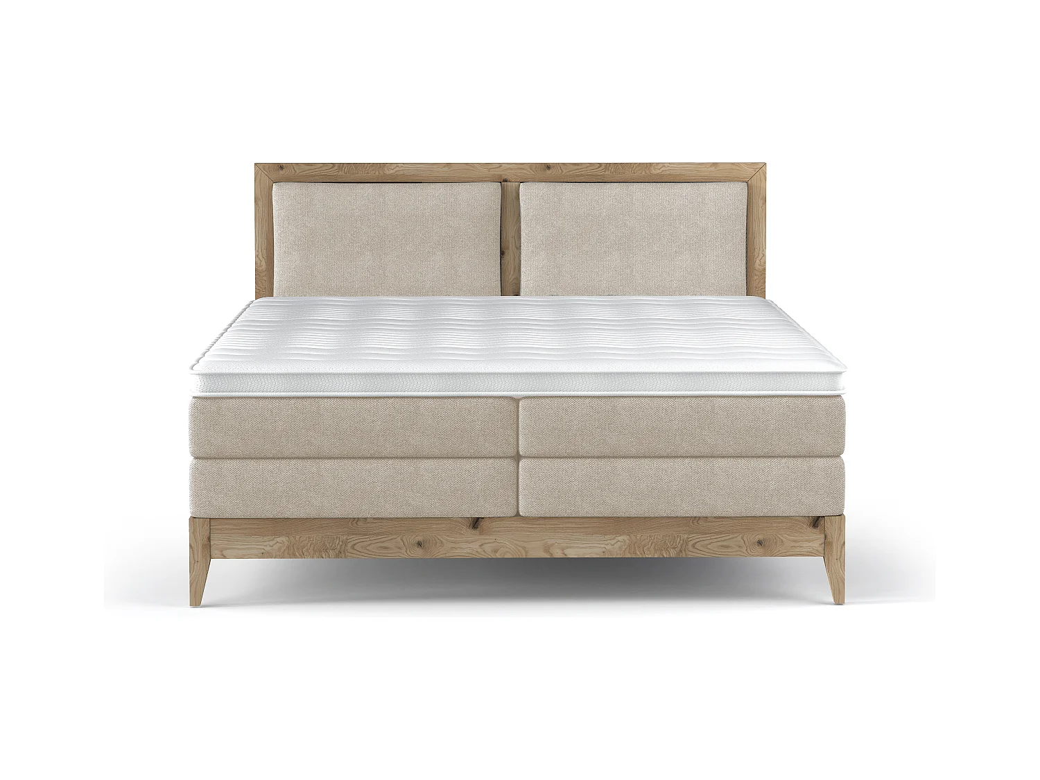 Lit continental BELIZE – design élégant en chêne, hauteur couchage 65 cm, matelas à ressorts 7 zones, 160x200, beige