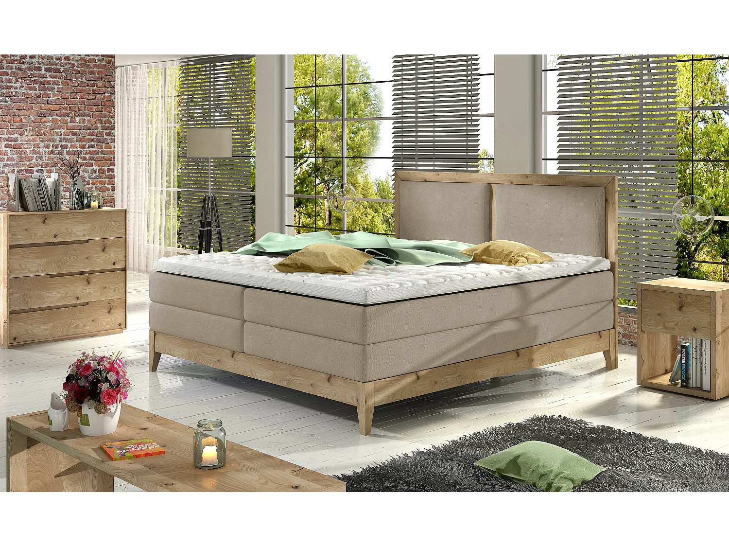 Lit continental BELIZE – design élégant en chêne, hauteur couchage 65 cm, matelas à ressorts 7 zones, 160x200, beige