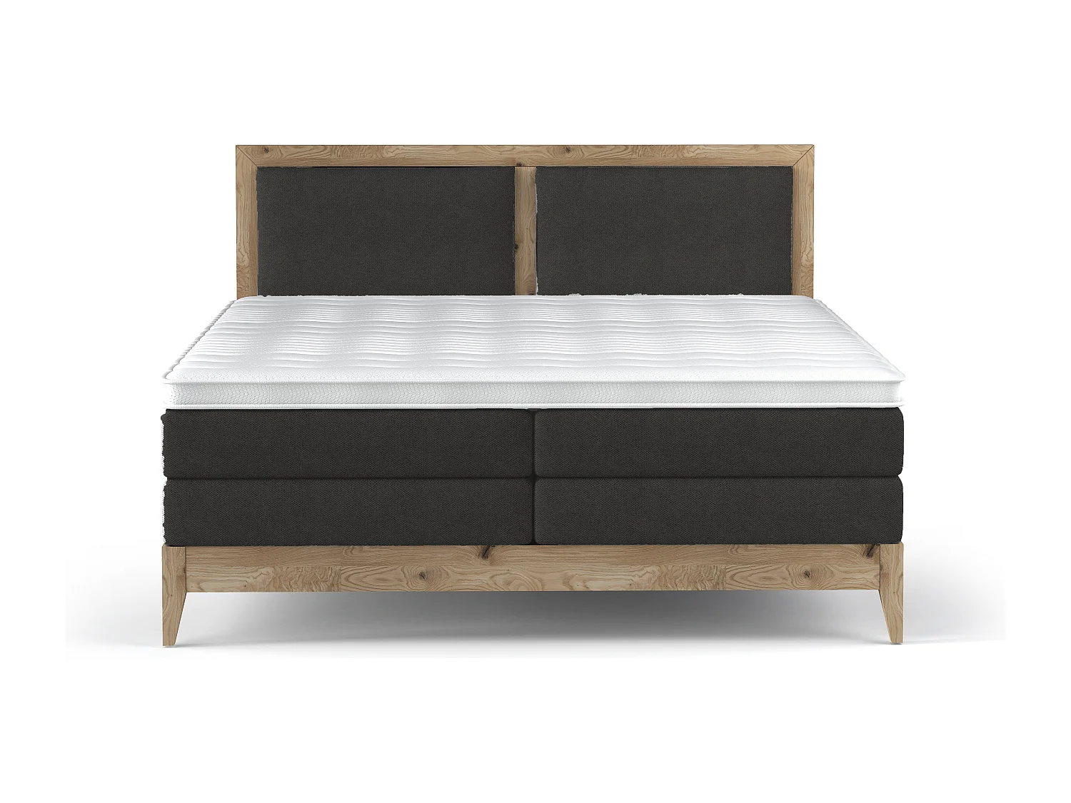 Lit continental BELIZE en chêne massif naturel, 180x200, matelas ergonomique avec surmatelas en mousse froide, déco bois, graphite