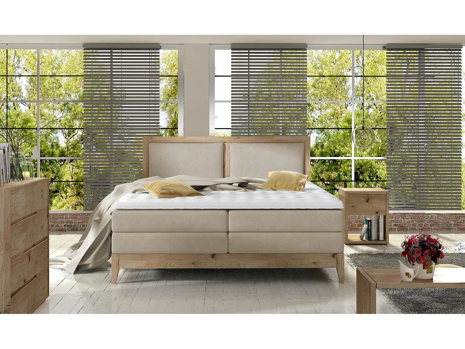 Continental bed BELIZE in massieve eik natuur, 180x200, ergonomische matras met opleg van koudschuim, houtdecor, beige