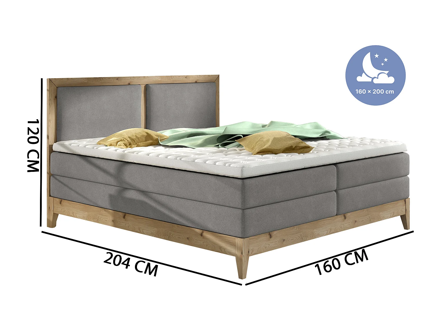 Continental bed BELIZE in massieve eik natuur, 180x200, ergonomische matras met opleg van koudschuim, houtdecor, beige