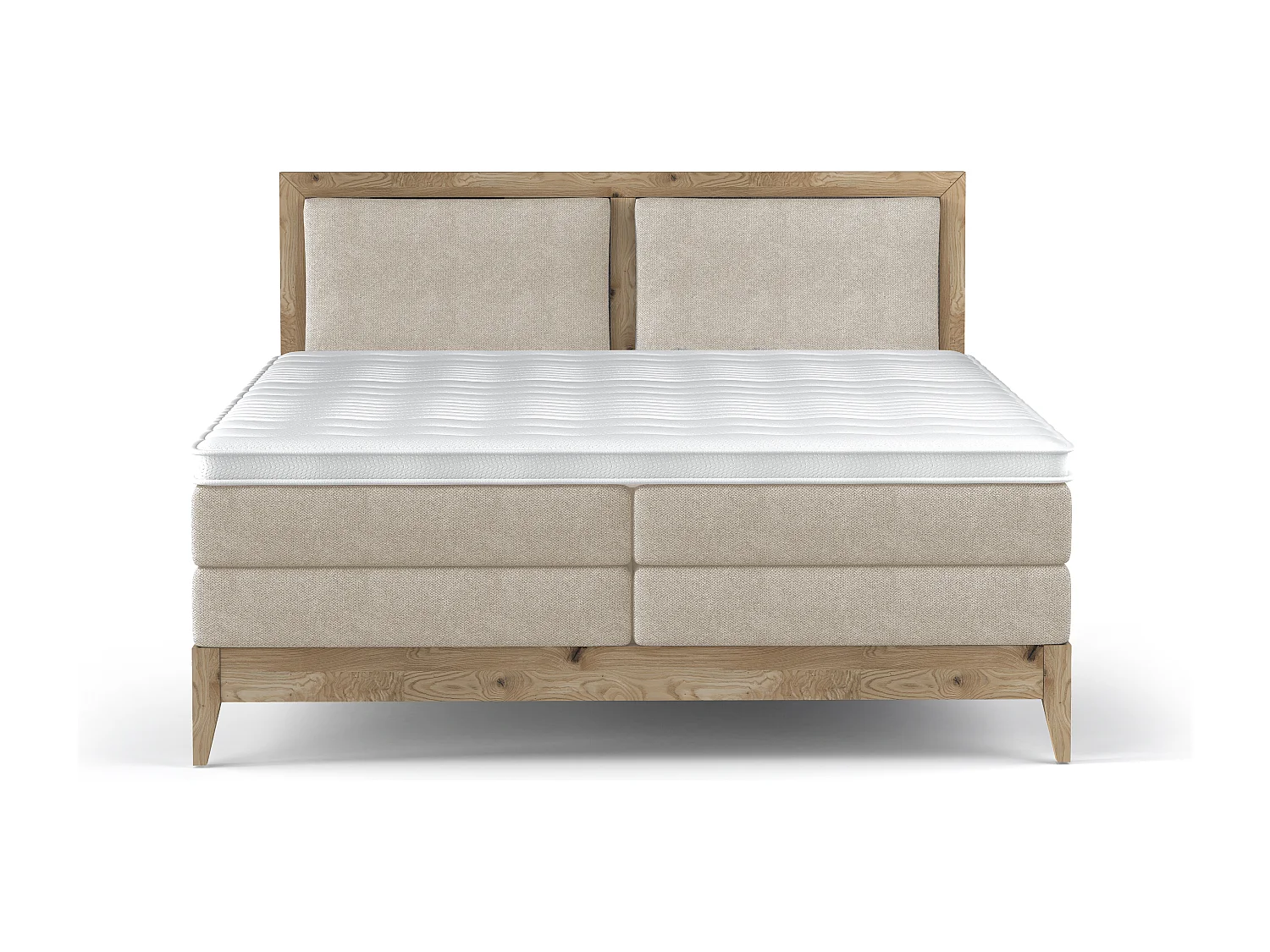 Lit continental BELIZE en chêne massif naturel, 180x200, matelas ergonomique avec surmatelas en mousse froide, déco bois, beige