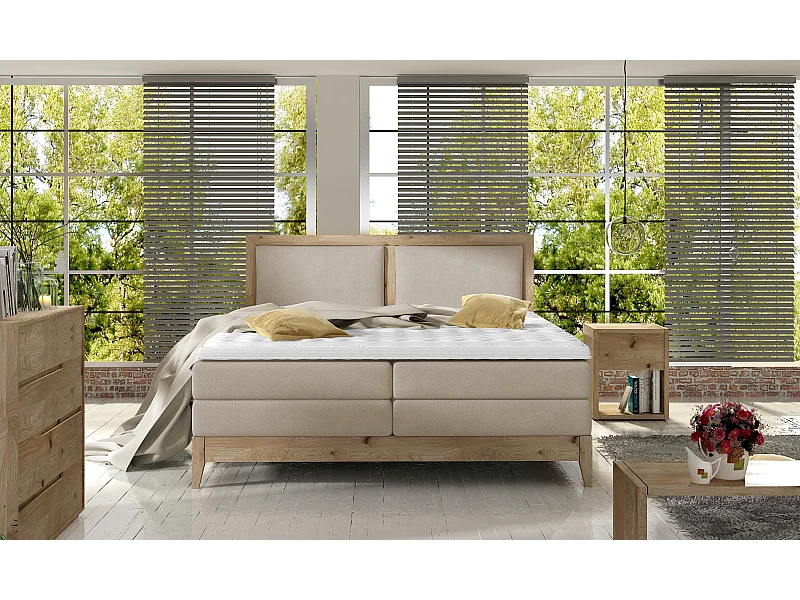 Continental bed BELIZE in massieve eik natuur, 180x200, ergonomische matras met opleg van koudschuim, houtdecor, beige