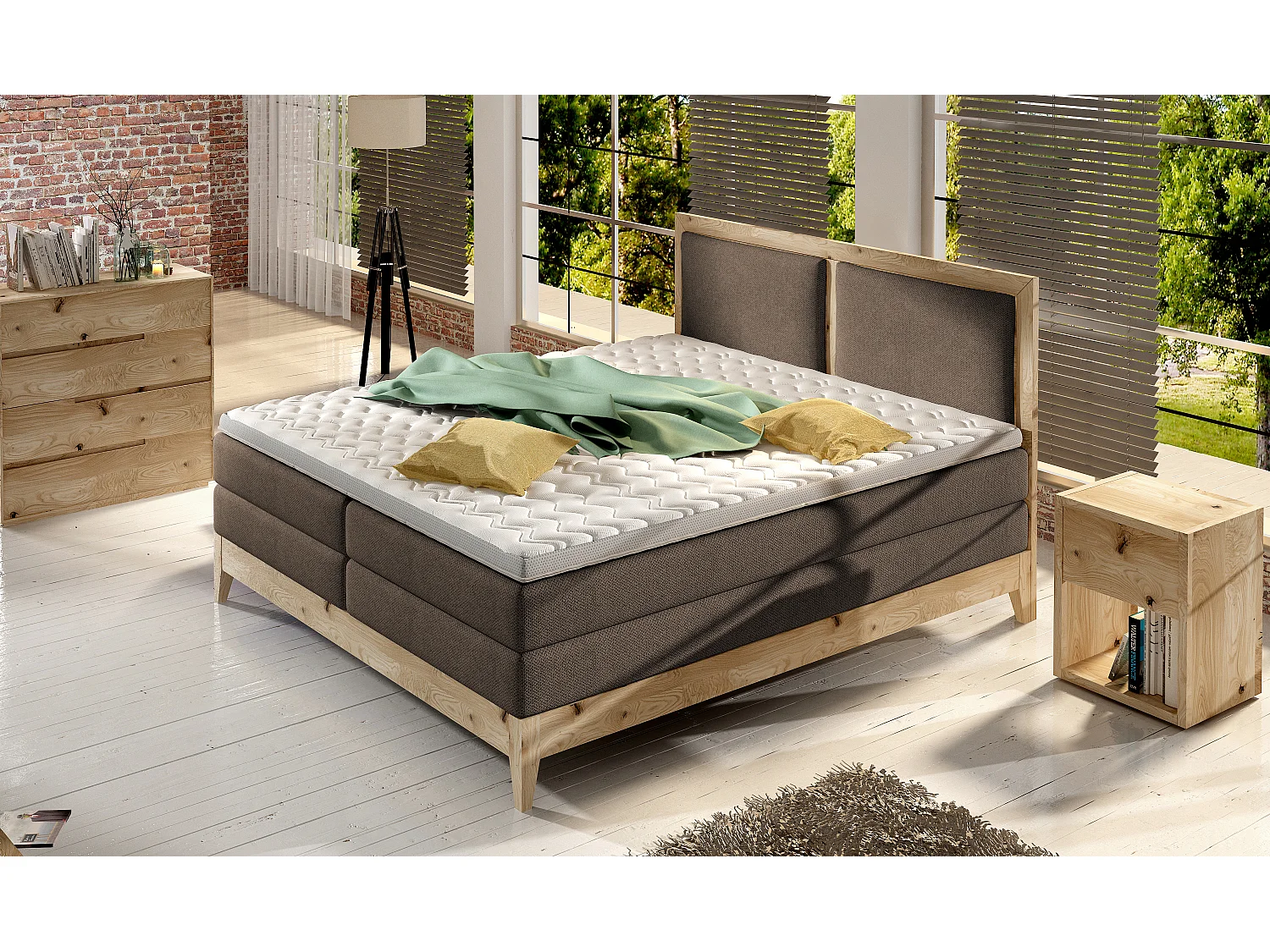 Lit continental BELIZE – chêne massif naturel, 140x200, matelas haut de gamme et surmatelas confort, couleur cappuccino