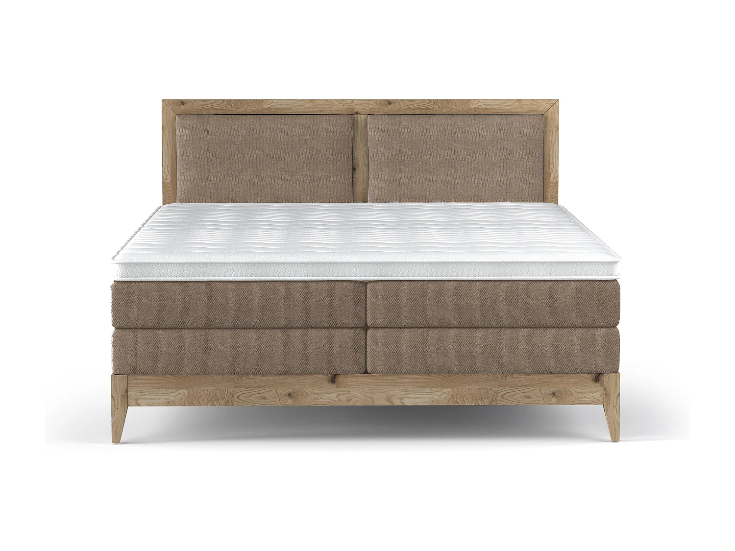 Lit continental BELIZE – chêne massif naturel, 140x200, matelas haut de gamme et surmatelas confort, couleur cappuccino
