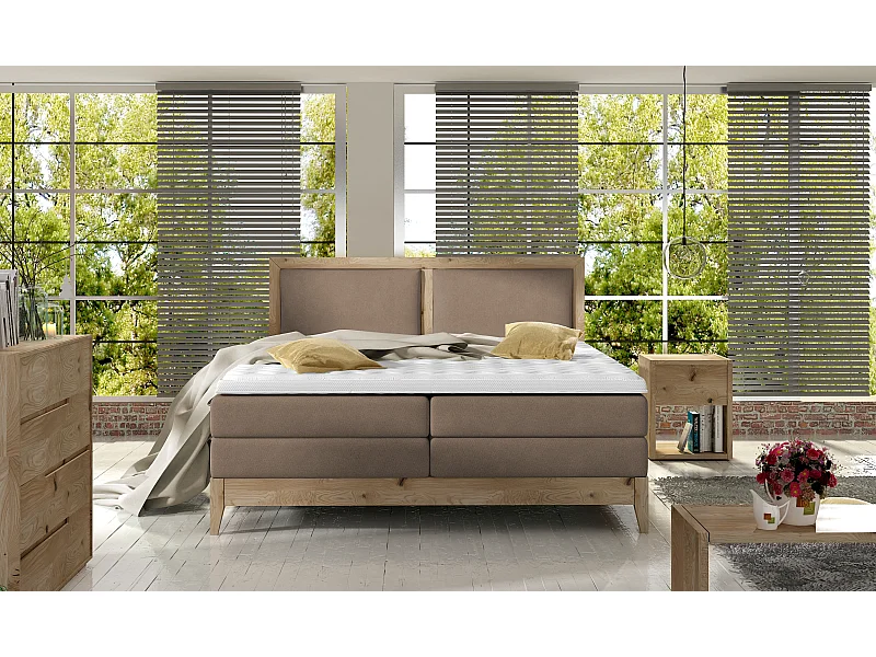 Continental bed BELIZE in massieve eik naturel, 140x200, topmatras en comfortmatras topper, cappuccino kleur