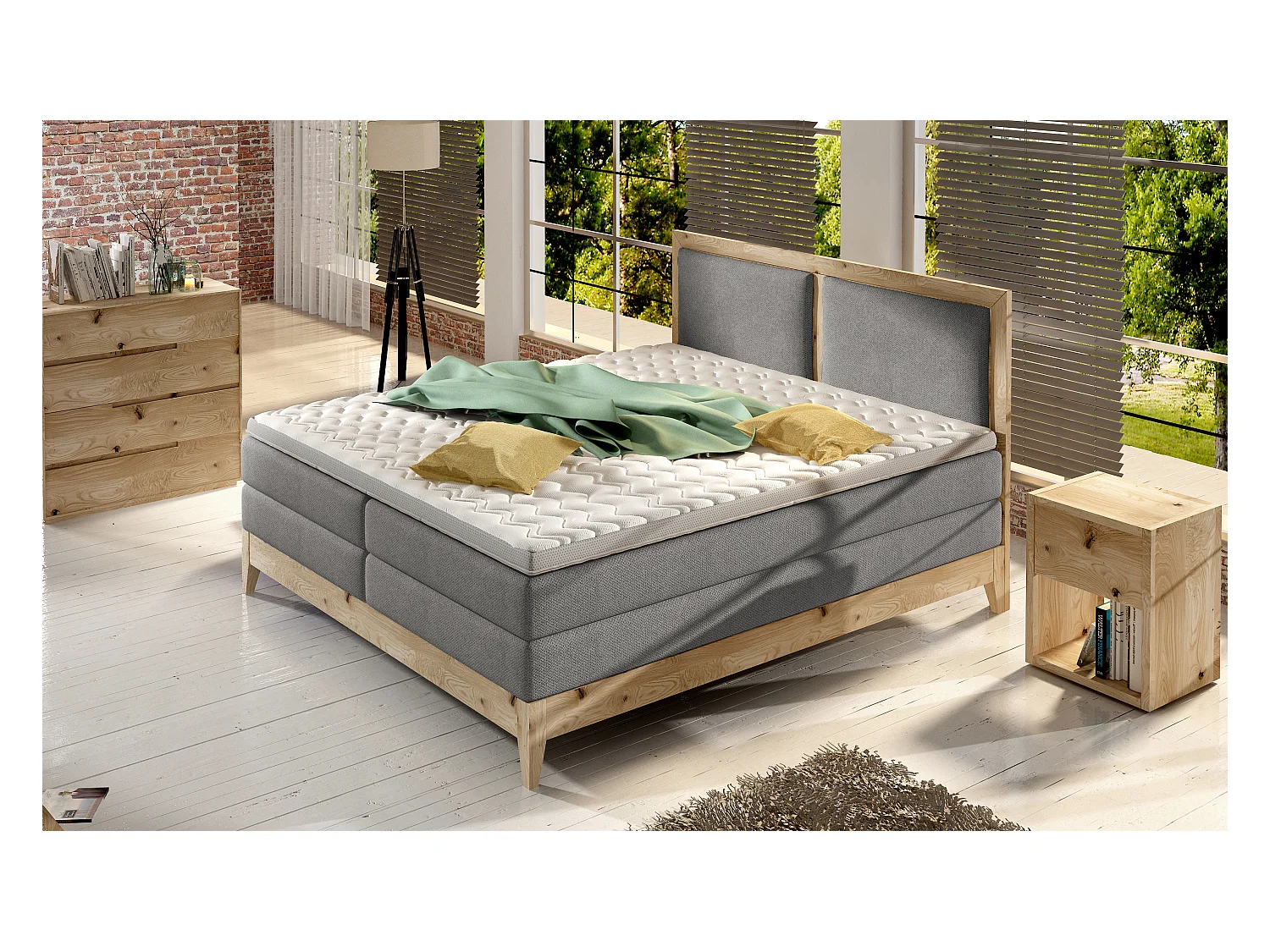 Lit continental BELIZE en chêne massif naturel, 180x200, matelas ergonomique avec surmatelas en mousse froide, déco bois, frêne
