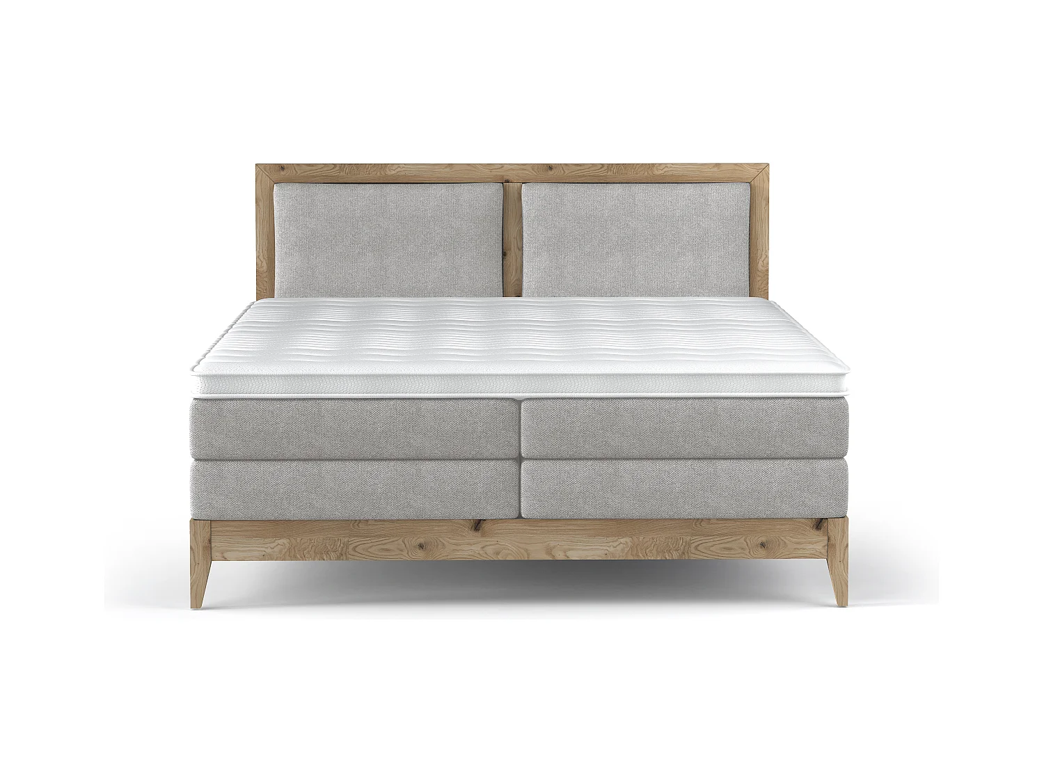 Lit continental BELIZE en chêne massif naturel, 180x200, matelas ergonomique avec surmatelas en mousse froide, déco bois, frêne