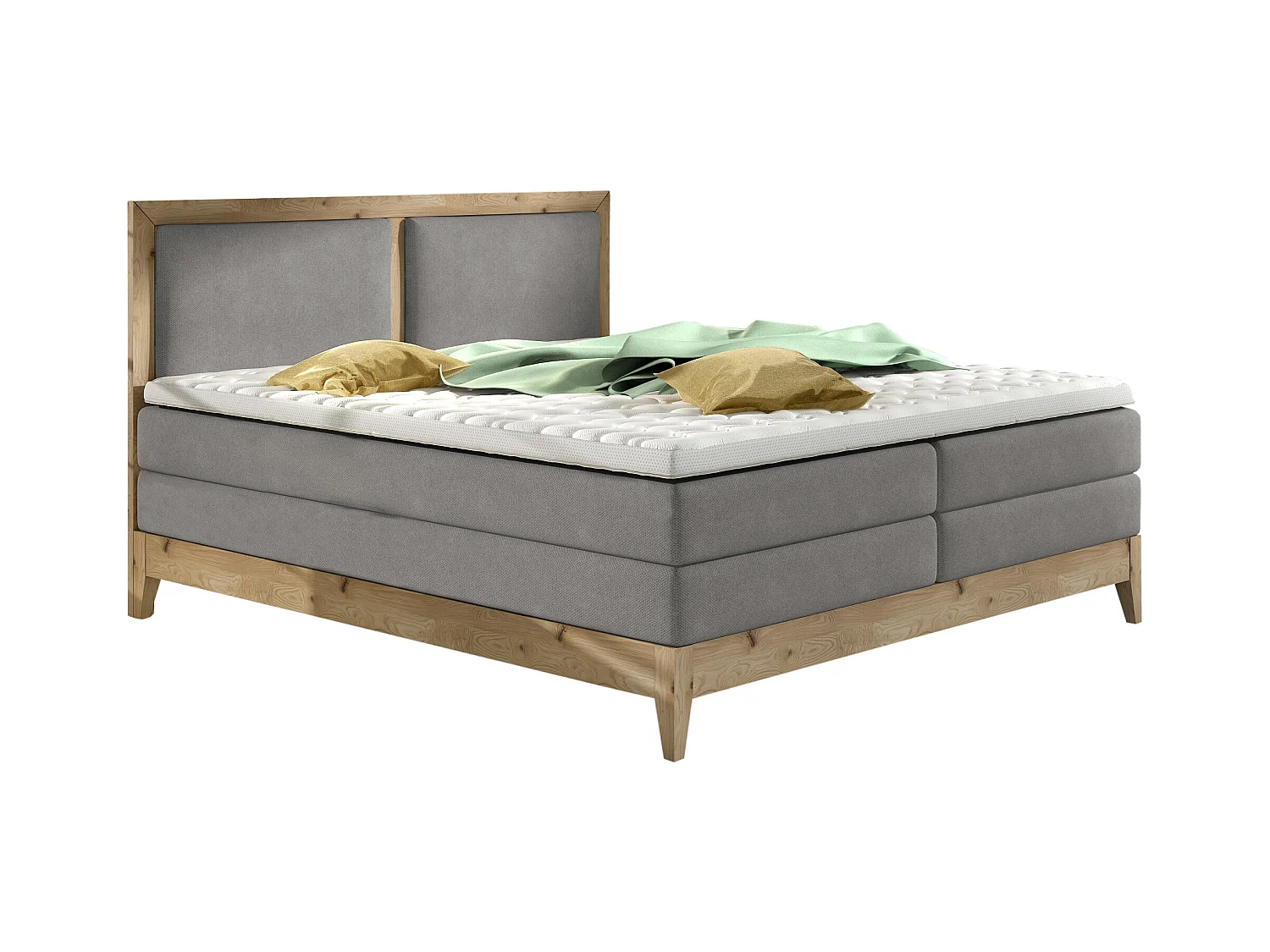Lit continental BELIZE en chêne massif naturel, 180x200, matelas ergonomique avec surmatelas en mousse froide, déco bois, frêne