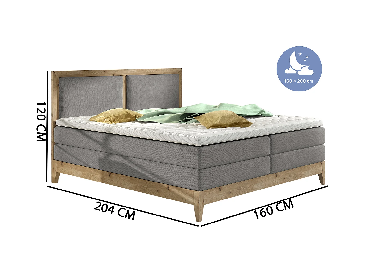 Lit continental BELIZE en chêne massif naturel, 180x200, matelas ergonomique avec surmatelas en mousse froide, déco bois, frêne