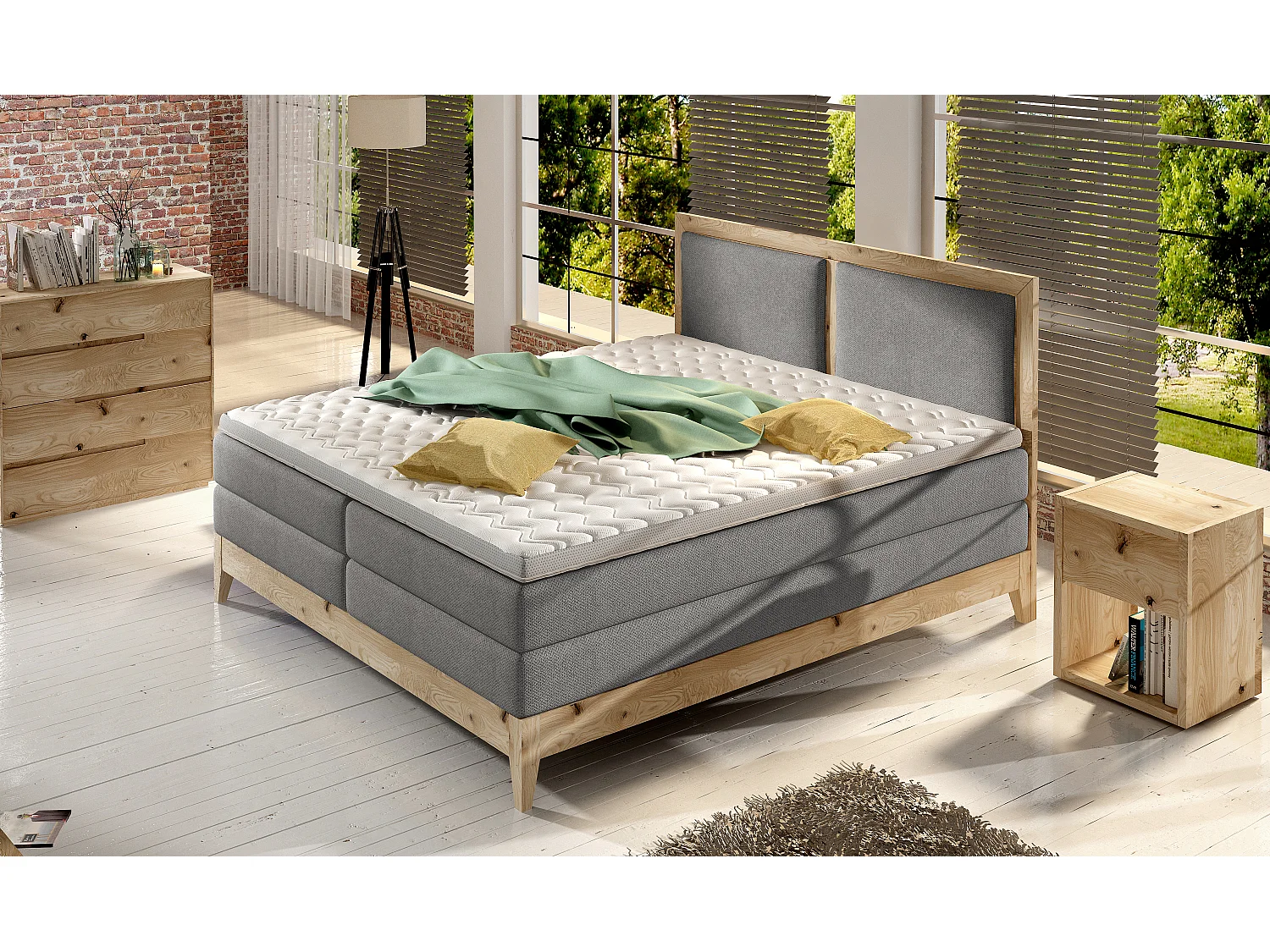 Lit continental BELIZE en chêne massif naturel, 180x200, matelas ergonomique avec surmatelas en mousse froide, déco bois, frêne
