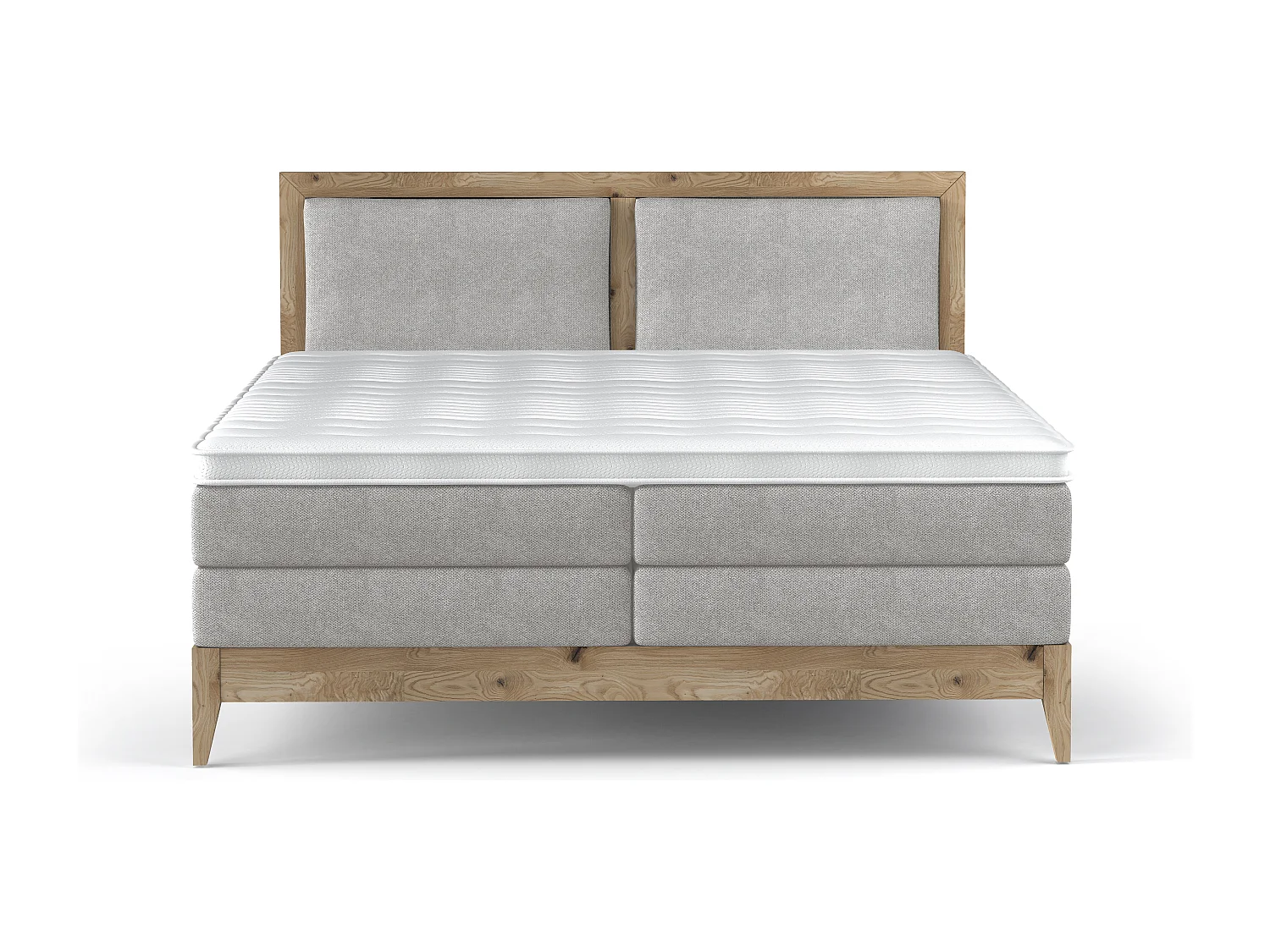 Lit continental BELIZE en chêne massif naturel, 180x200, matelas ergonomique avec surmatelas en mousse froide, déco bois, frêne