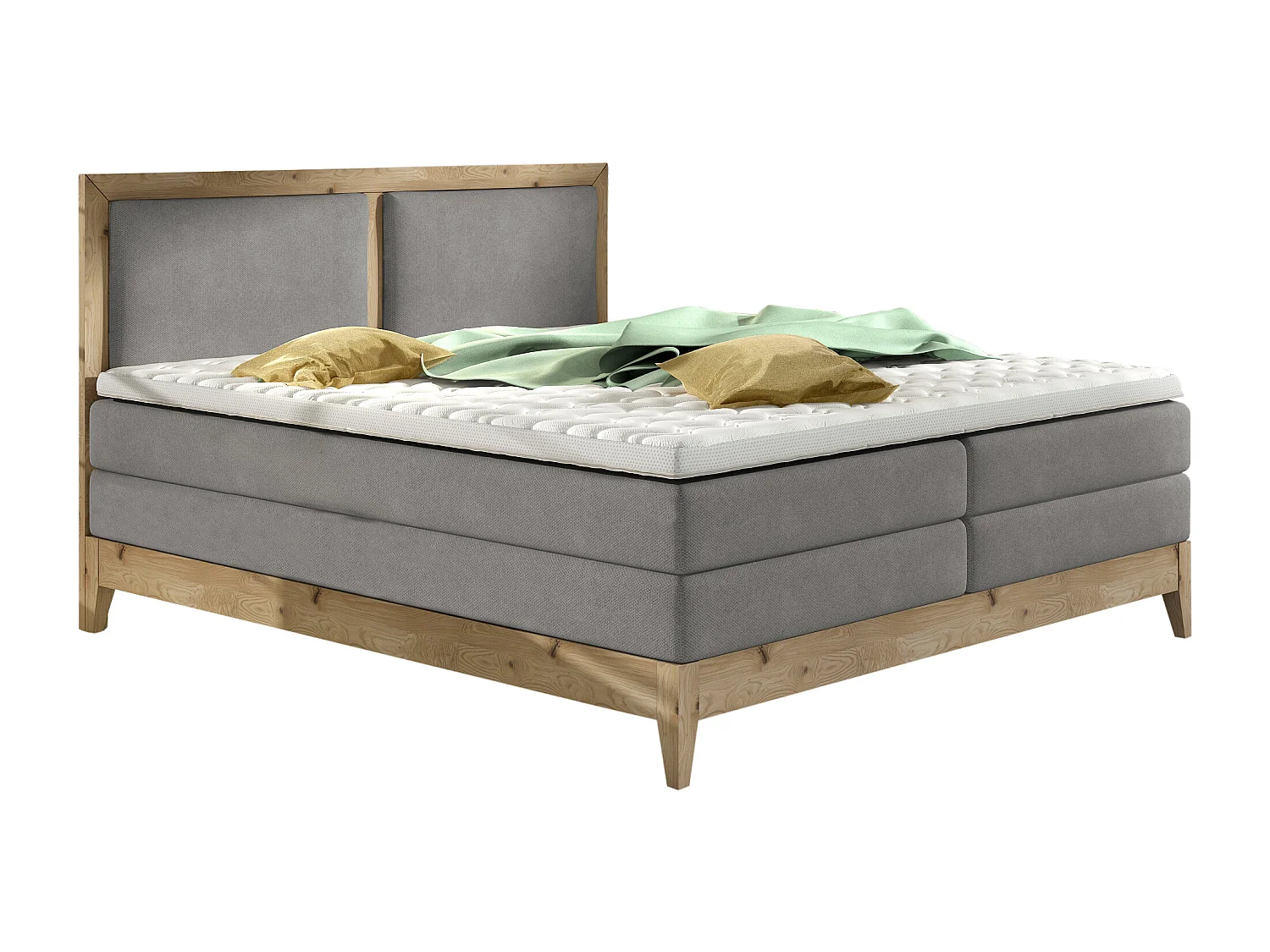 Lit continental BELIZE en chêne massif naturel, 180x200, matelas ergonomique avec surmatelas en mousse froide, déco bois, frêne