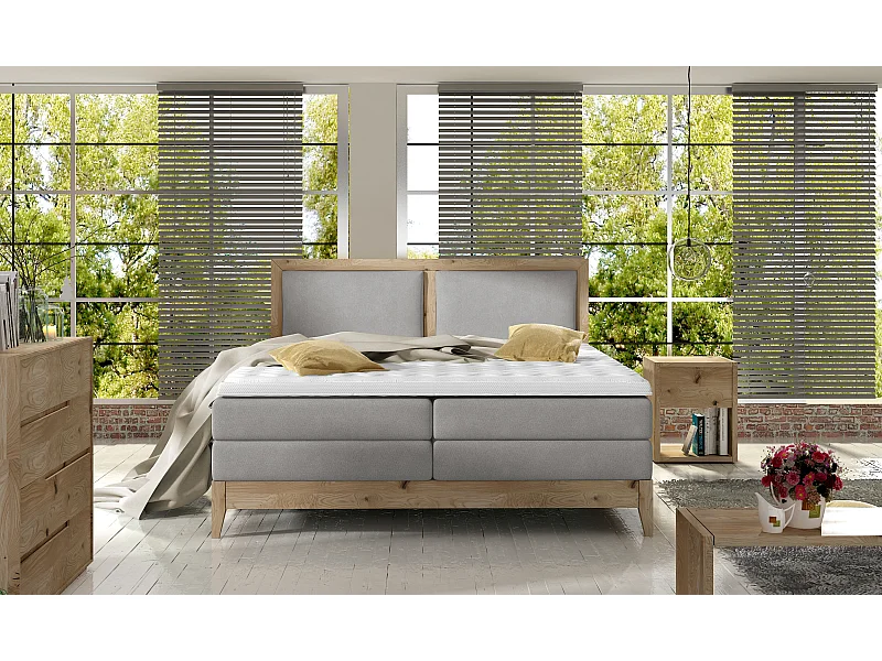 Łóżko kontynentalne BELIZE - naturalny lity dąb, 180x200, ergonomiczny materac z nakładką z zimnej pianki, dekor drewna, kolor popielaty