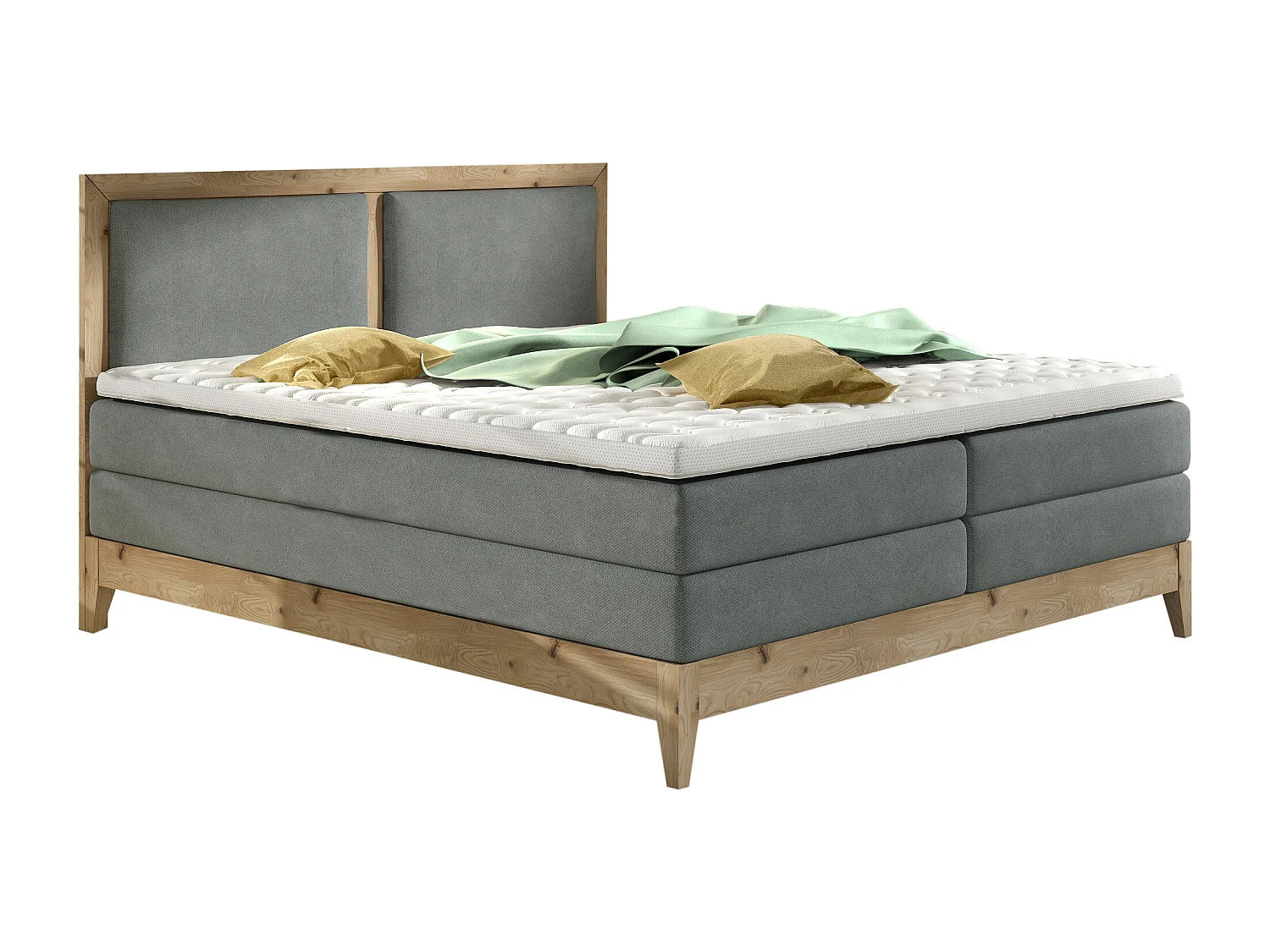 Continentaal bed BELIZE - massieve eik naturel, 140x200, topmatras en comfortmatras topper, kleur grijs