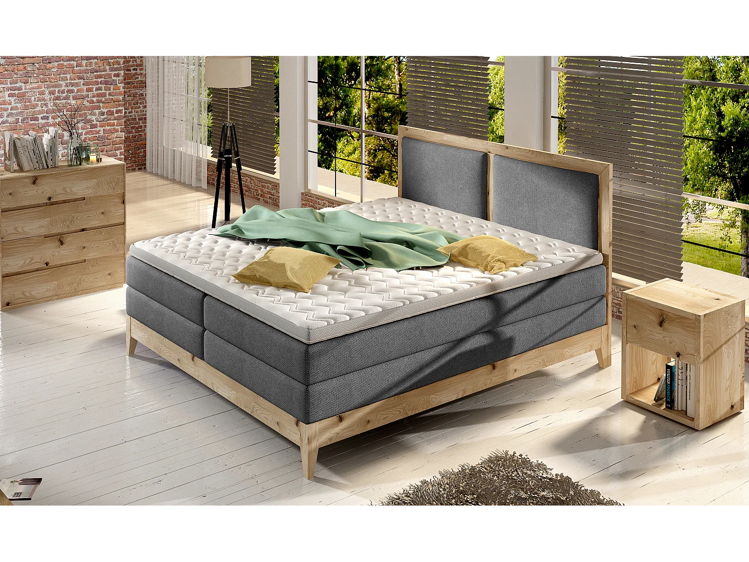 Continentaal bed BELIZE - massieve eik naturel, 140x200, topmatras en comfortmatras topper, kleur grijs