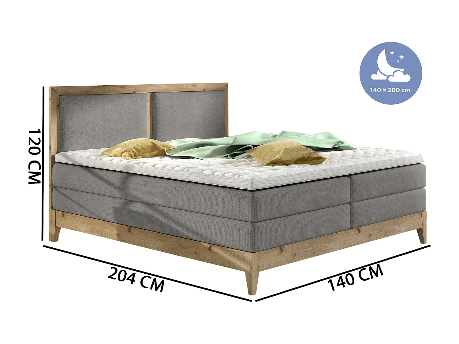 Continentaal bed BELIZE - massieve eik naturel, 140x200, topmatras en comfortmatras topper, kleur grijs