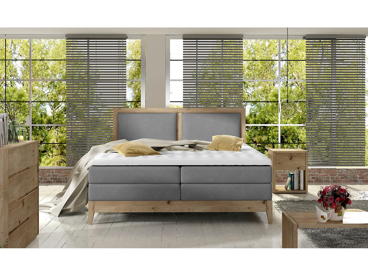Lit continental BELIZE – chêne massif naturel, 140x200, matelas haut de gamme et surmatelas confort, couleur gris