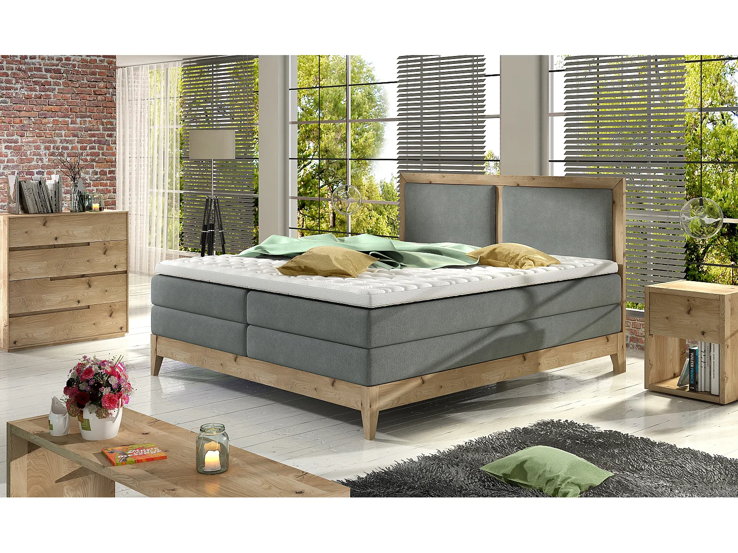 Lit continental BELIZE – chêne massif naturel, 140x200, matelas haut de gamme et surmatelas confort, couleur gris