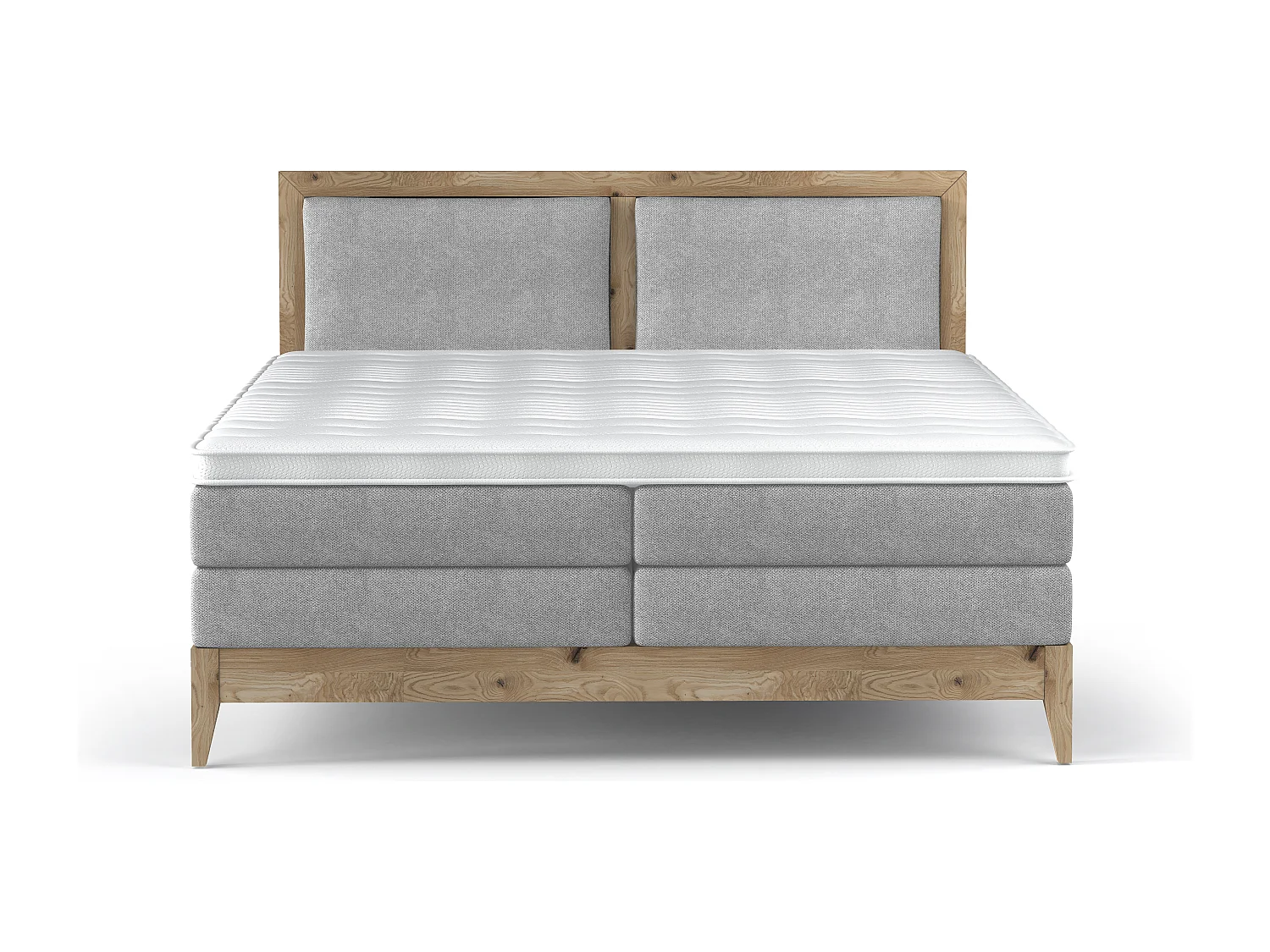 Lit continental BELIZE – chêne massif naturel, 140x200, matelas haut de gamme et surmatelas confort, couleur gris