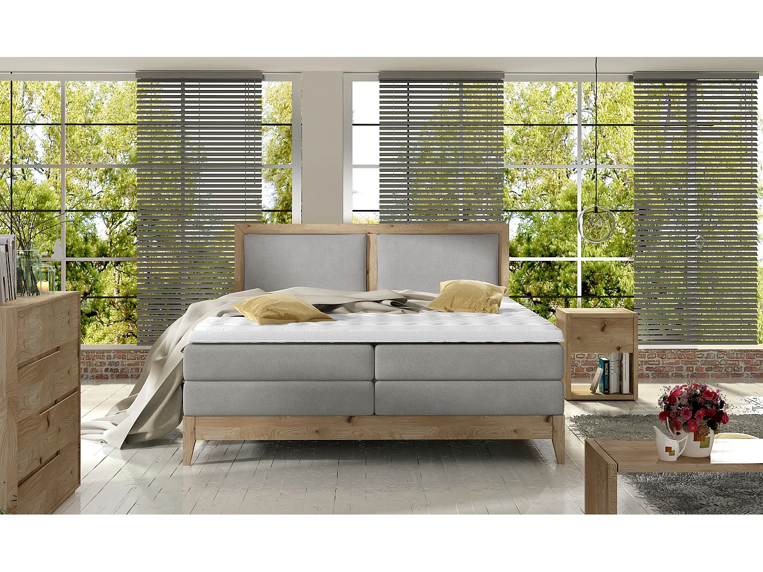 Continentaal bed BELIZE - natuurlijk massief eiken, 140x200, topmatras en comfortmatras topper, essen kleur