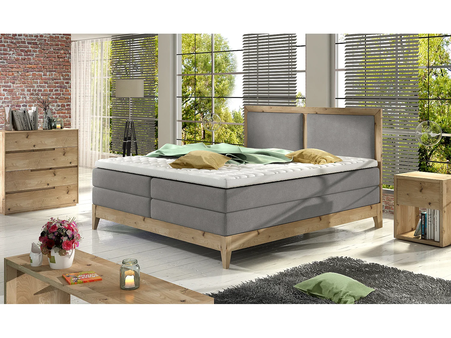 Lit continental BELIZE – chêne massif naturel, 140x200, matelas haut de gamme et surmatelas confort, couleur frêne