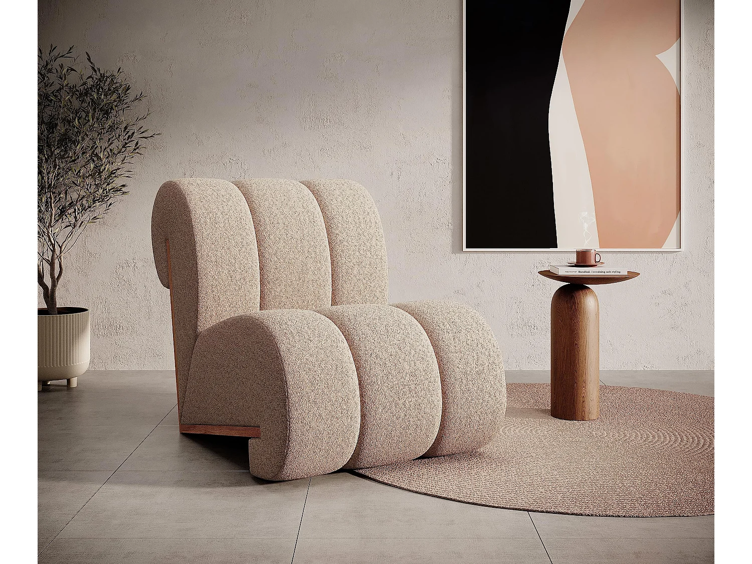 CATCH ME Sessel, Bequeme Polsterung, 3D-Stoff, Hohe Festigkeit, Holzdetails, Cremefarben