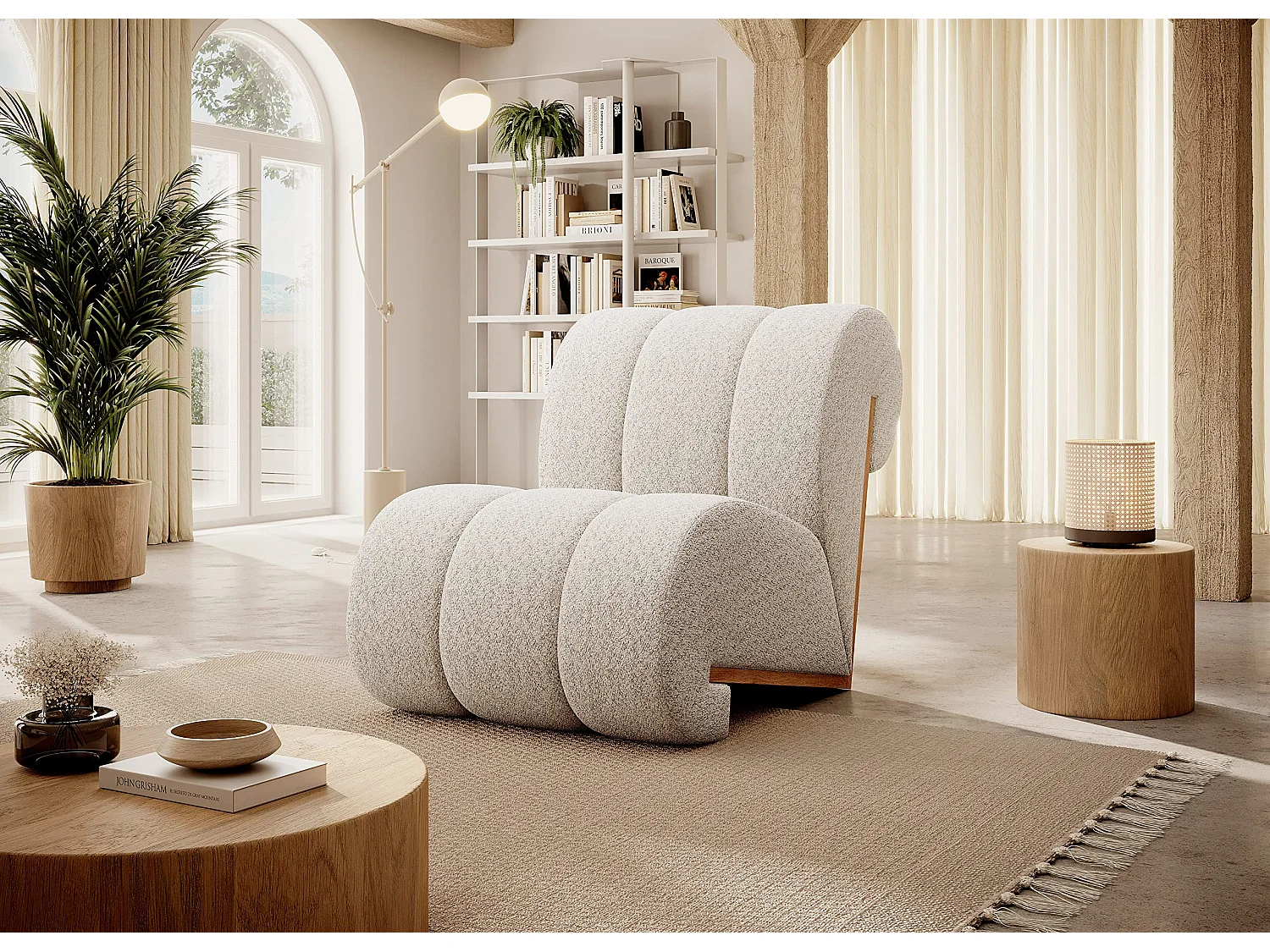 CATCH ME Sessel, Bequeme Polsterung, 3D-Stoff, Hohe Festigkeit, Holzdetails, Cremefarben