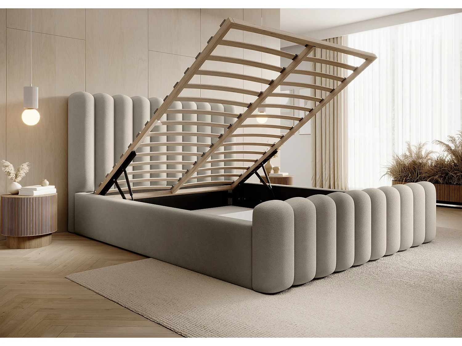 Duurzaam gestoffeerd Mona VII bed, modern design, ruime commode, onderhoudsvriendelijke stof 200x200 cm, beige