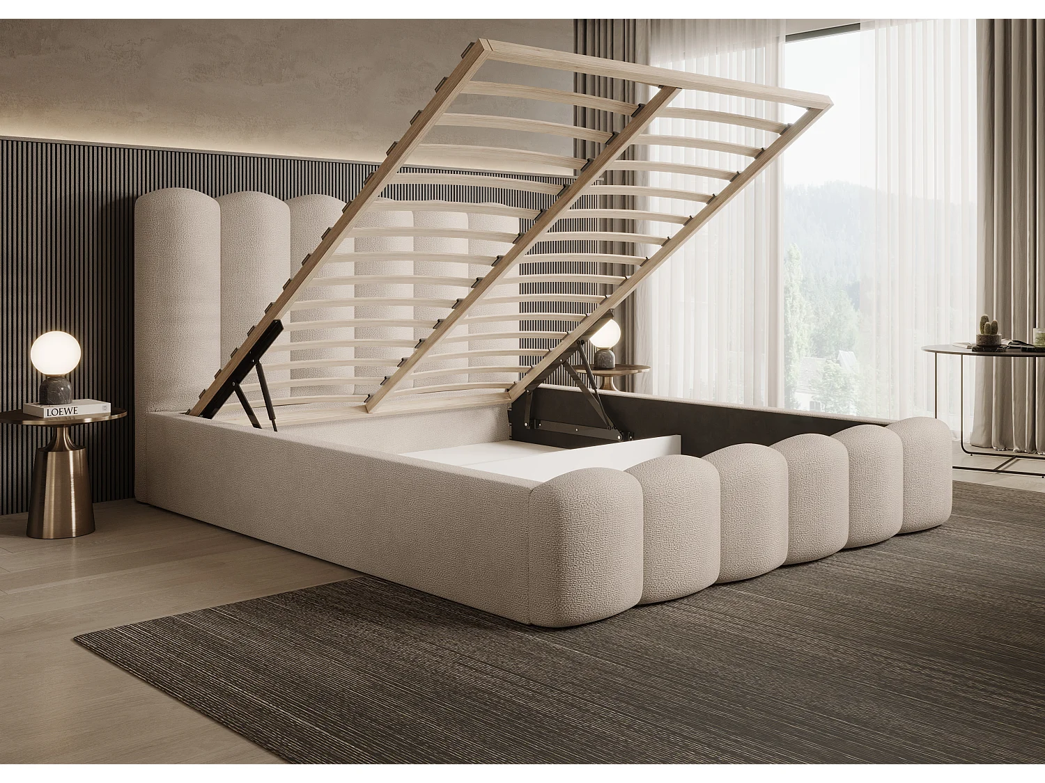 MONA V DomoHome gestoffeerd bed, modern hoofdeinde, stof met Wigo-effect, 140x200 cm, BEIGE