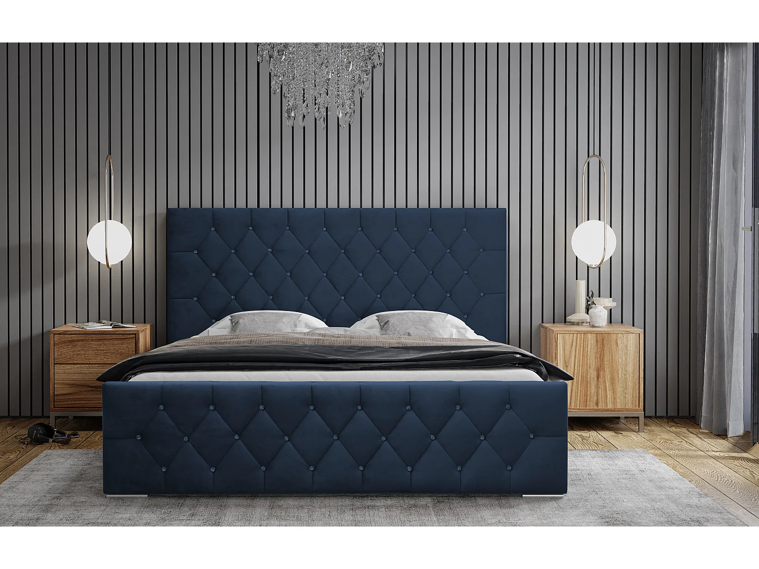 DomoHome - Duurzaam gestoffeerd Mona I bed, modern design, ruime commode, onderhoudsvriendelijke stof 140x200 cm, marineblauw