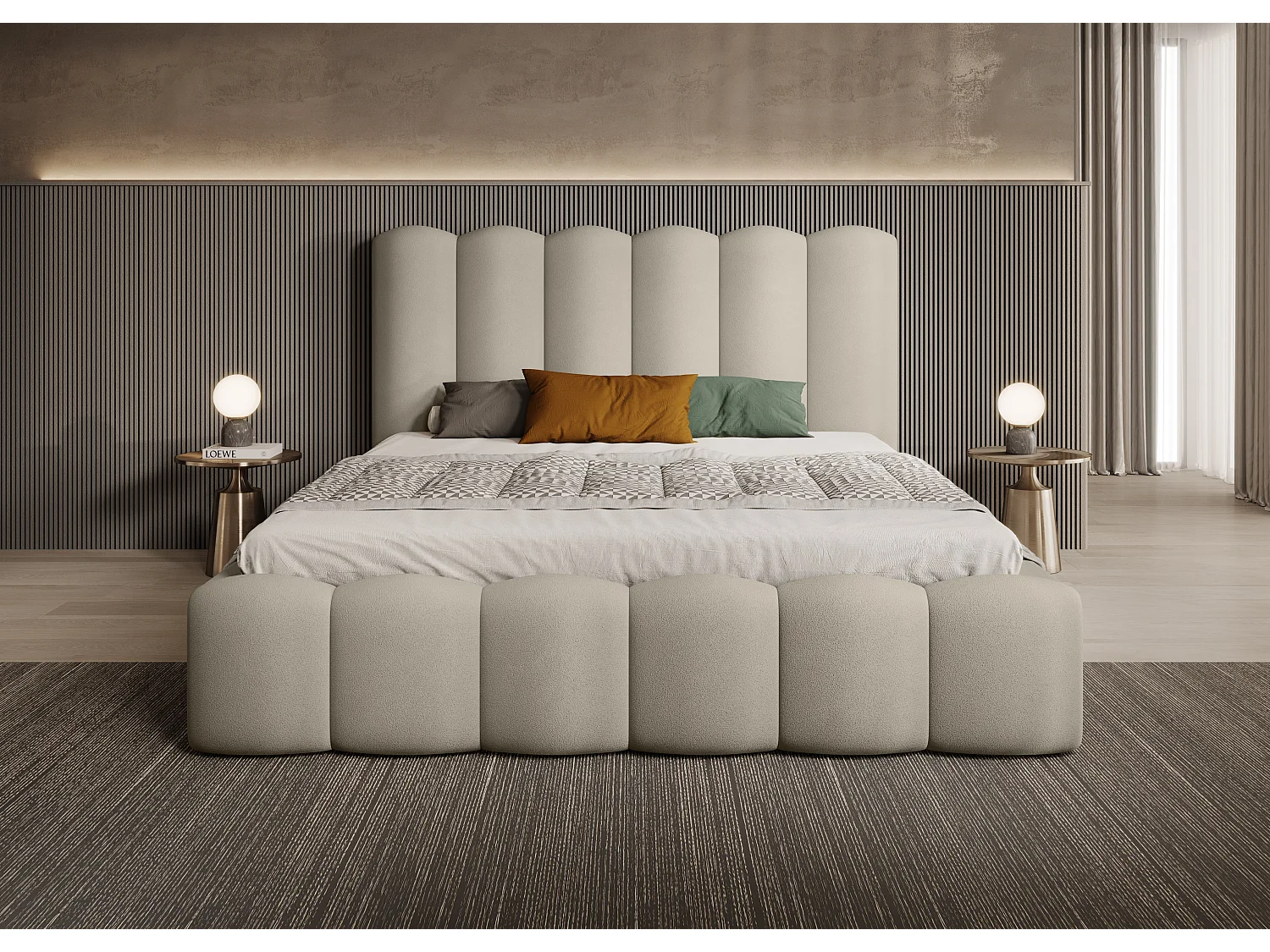 Łóżko skrzyniowe tapicerowane MONA V DomoHome, duża przestrzeń do przechowywania, nowoczesny design, 160x200 cm, BEŻOWE