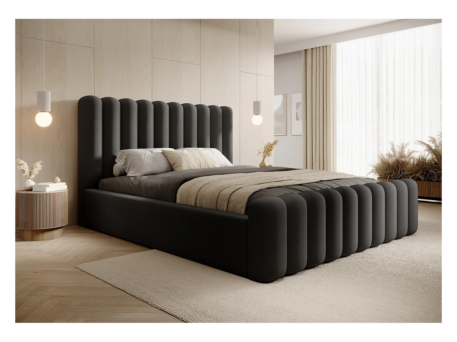 Lit Mona VII rembourré moderne, tissu haut de gamme, coffre, design élégant demi-rond 180x200 cm, noir
