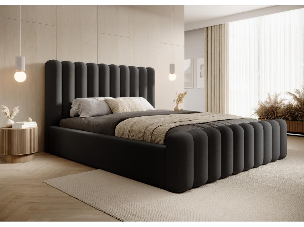 Modern gestoffeerd Mona VII bed, hoogwaardige stof, commode, elegant halfrond design 180x200 cm, zwart