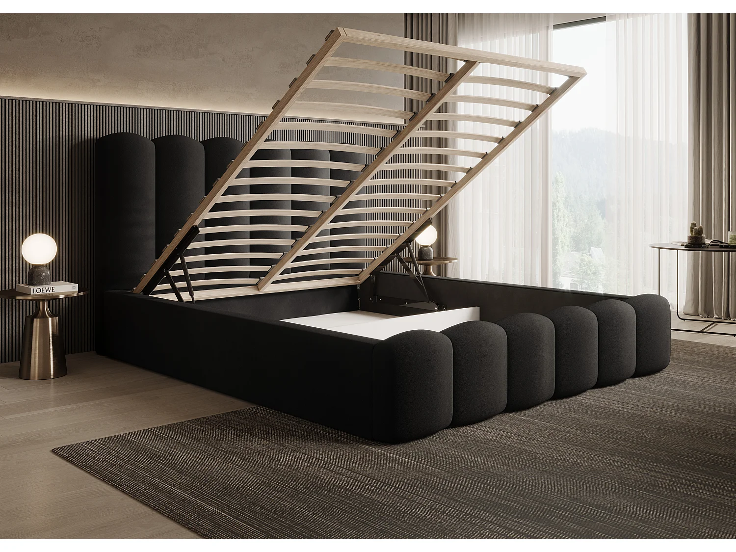 MONA V bedstee DomoHome, modern design met grote opbergruimte, 180x200 cm, zwart