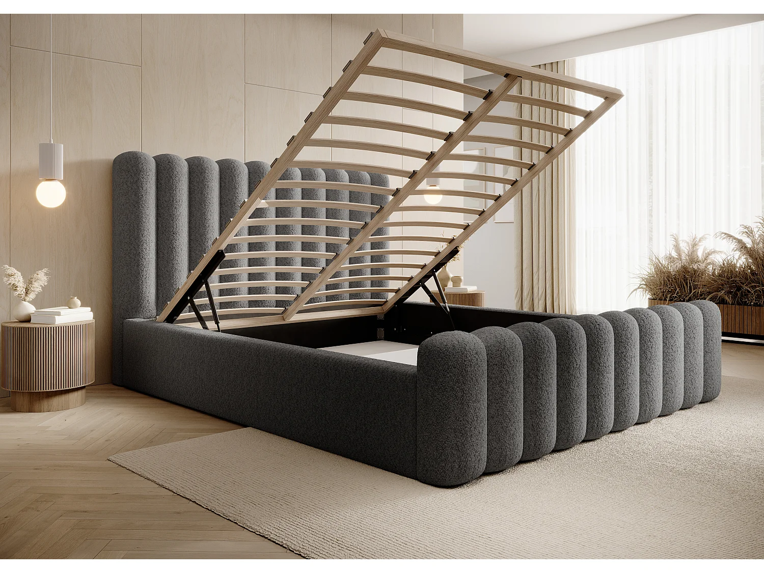 Lit rembourré Mona VII DomoHome, tissu premium avec espace de rangement, 140x200 cm, GRIS