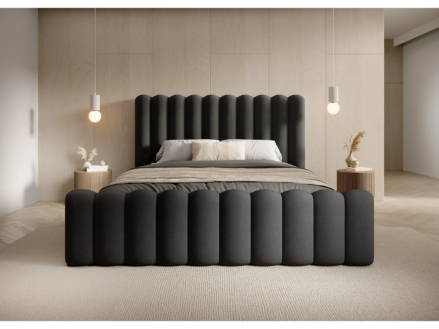 Duurzaam gestoffeerd bed Mona VII, modern design, ruime commode, onderhoudsvriendelijke stof 160x200 cm, zwart