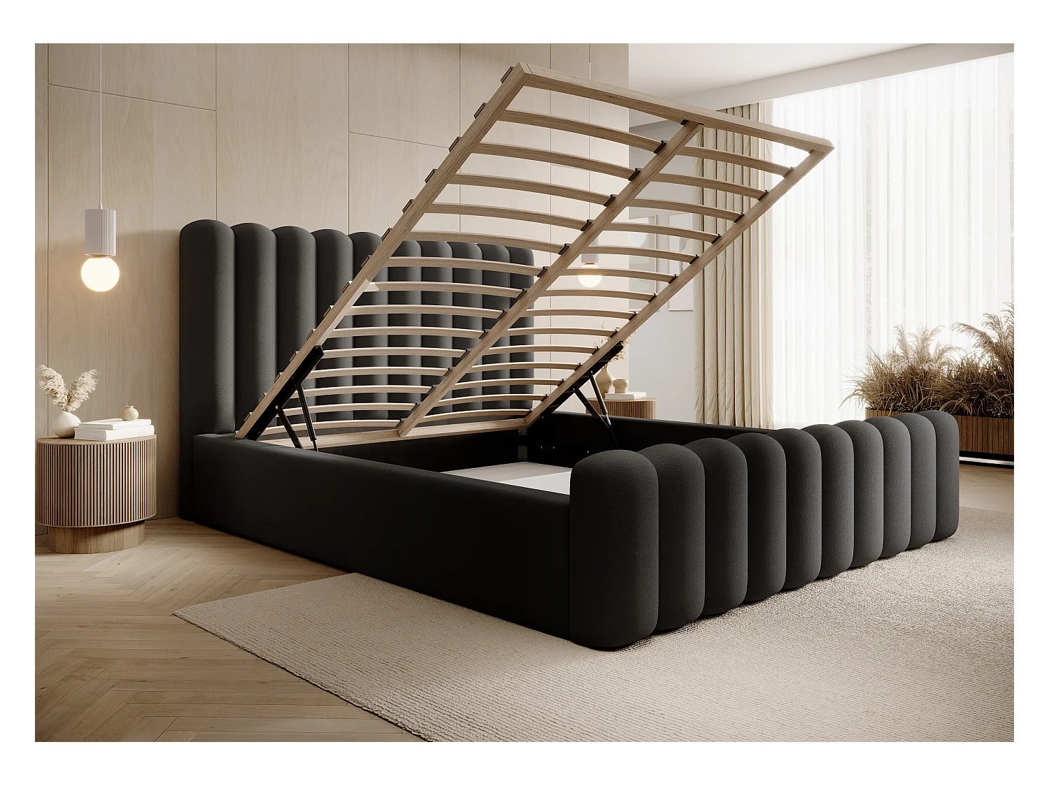 Trwałe łóżko tapicerowane Mona VII, nowoczesny design, pojemna skrzynia, łatwa w pielęgnacji tkanina 160x200 cm, czarny