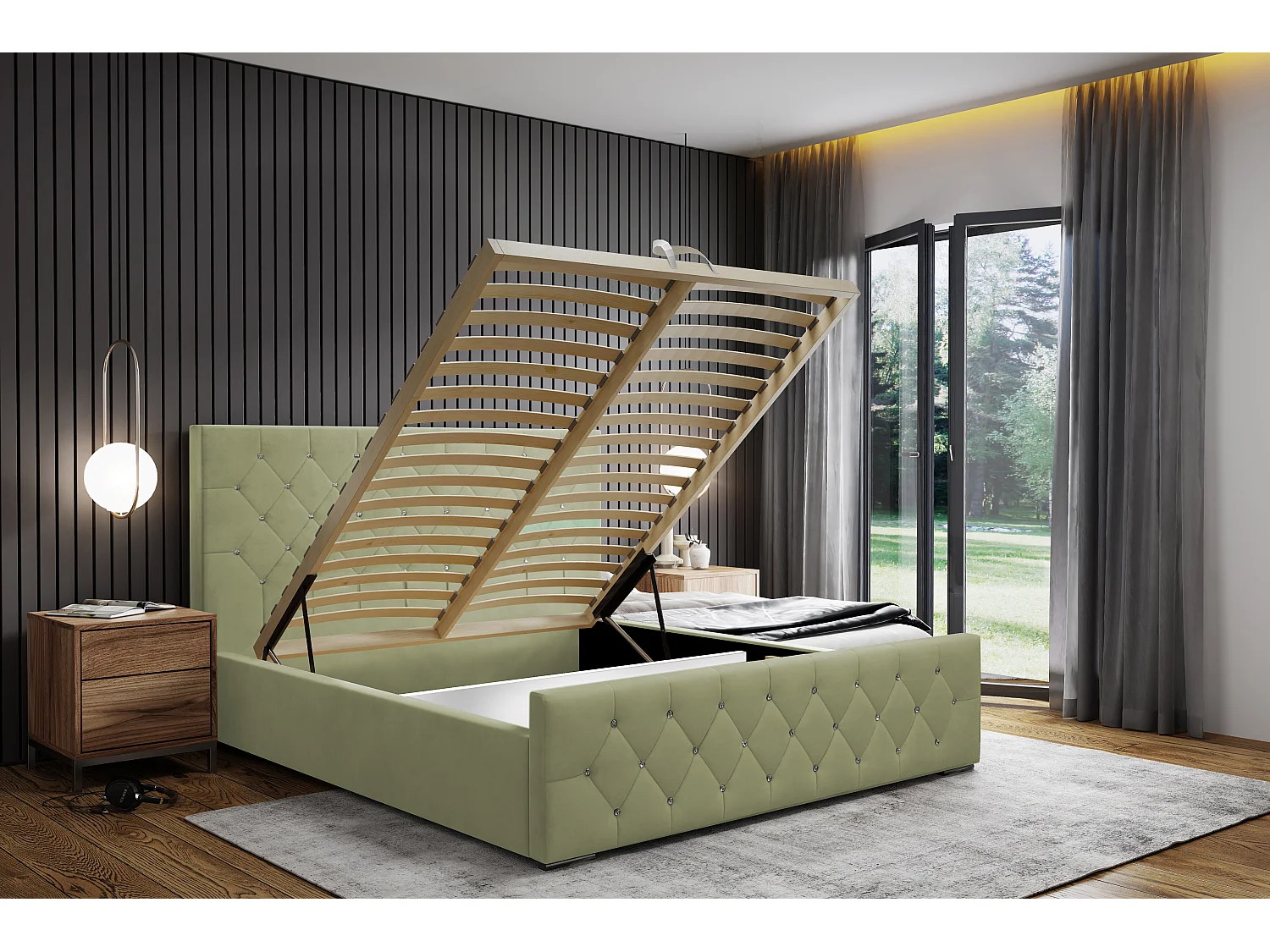 DomoHome - Duurzaam gestoffeerd bed Mona I, modern design, ruime kist, onderhoudsvriendelijke stof 140x200 cm, celadon