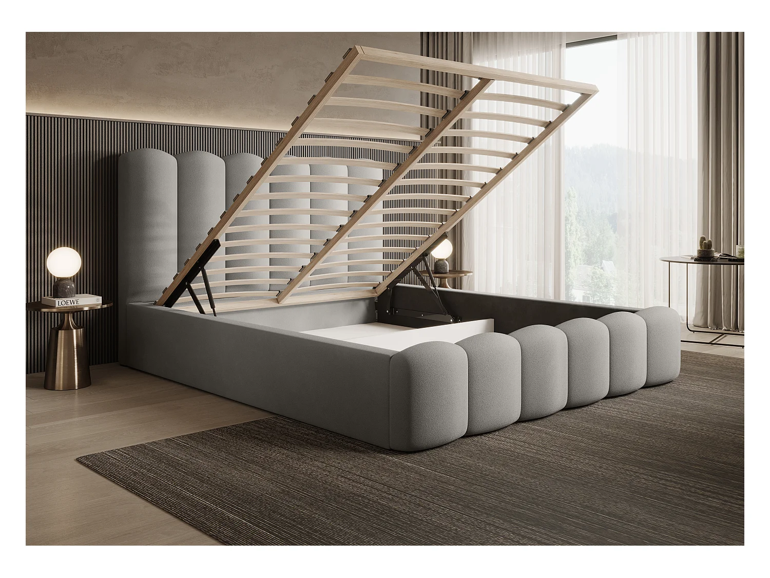 Lit rembourré MONA V DomoHome, cadre moderne avec grand coffre, tissu facile à entretenir, 140x200 cm, FRÊNE