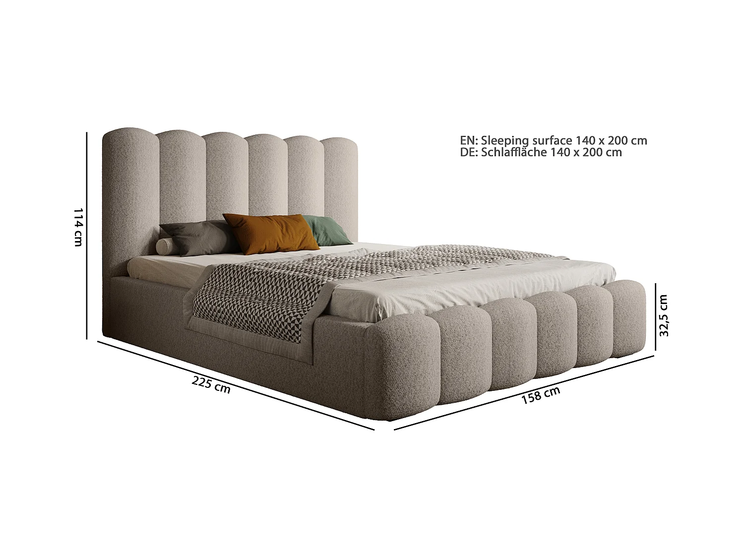 Lit rembourré MONA V DomoHome, cadre moderne avec grand coffre, tissu facile à entretenir, 140x200 cm, FRÊNE