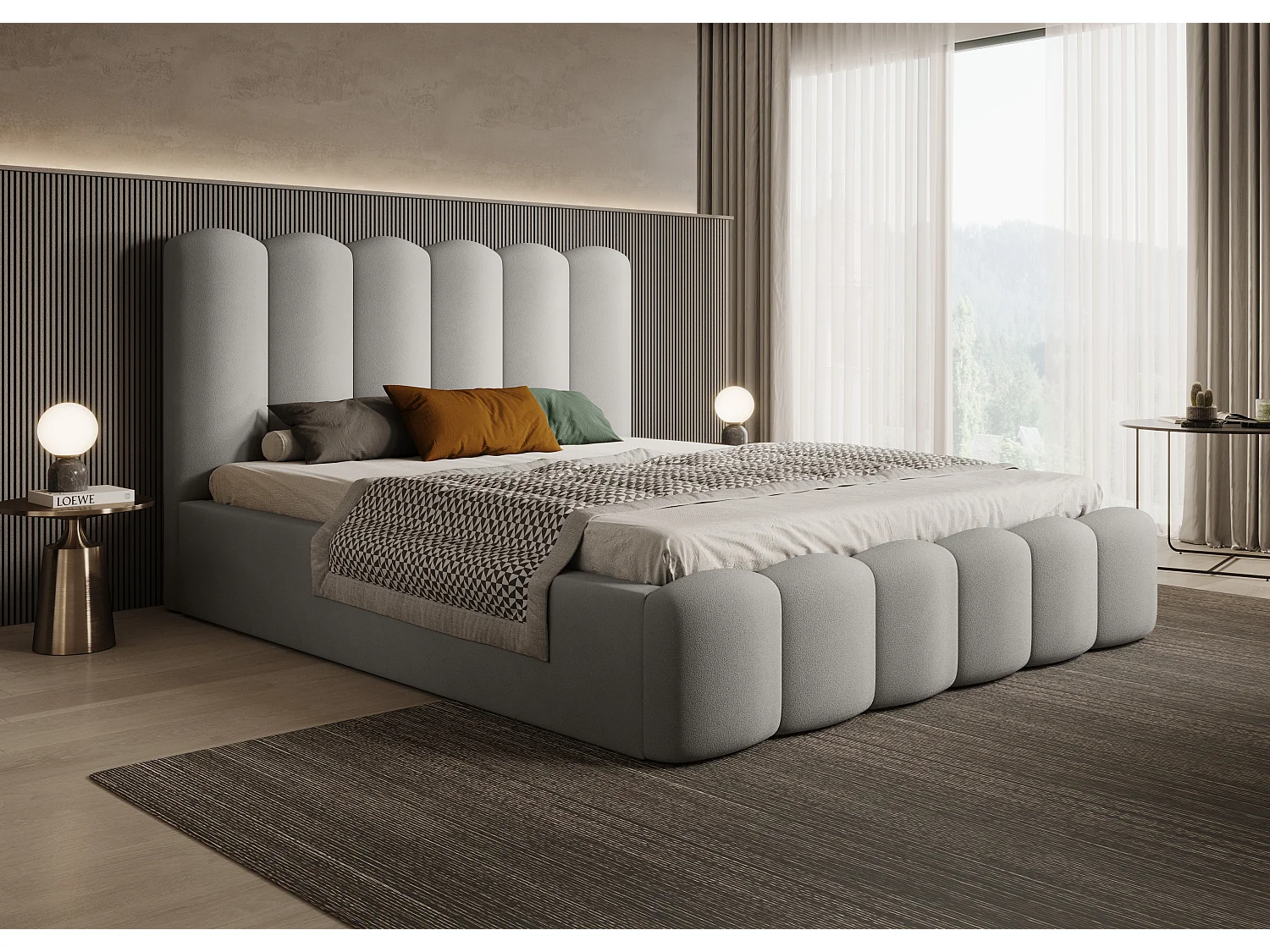 Łóżko skrzyniowe MONA V DomoHome, dekoracyjny półokrągły wzór, tkanina premium, 160x200 cm, BUK