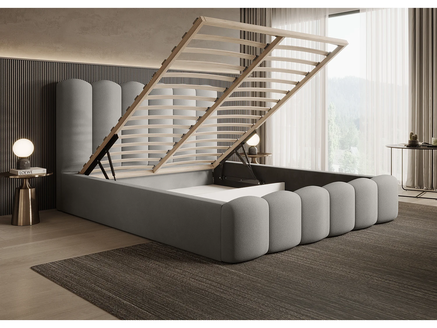 Łóżko skrzyniowe MONA V DomoHome, dekoracyjny półokrągły wzór, tkanina premium, 160x200 cm, BUK