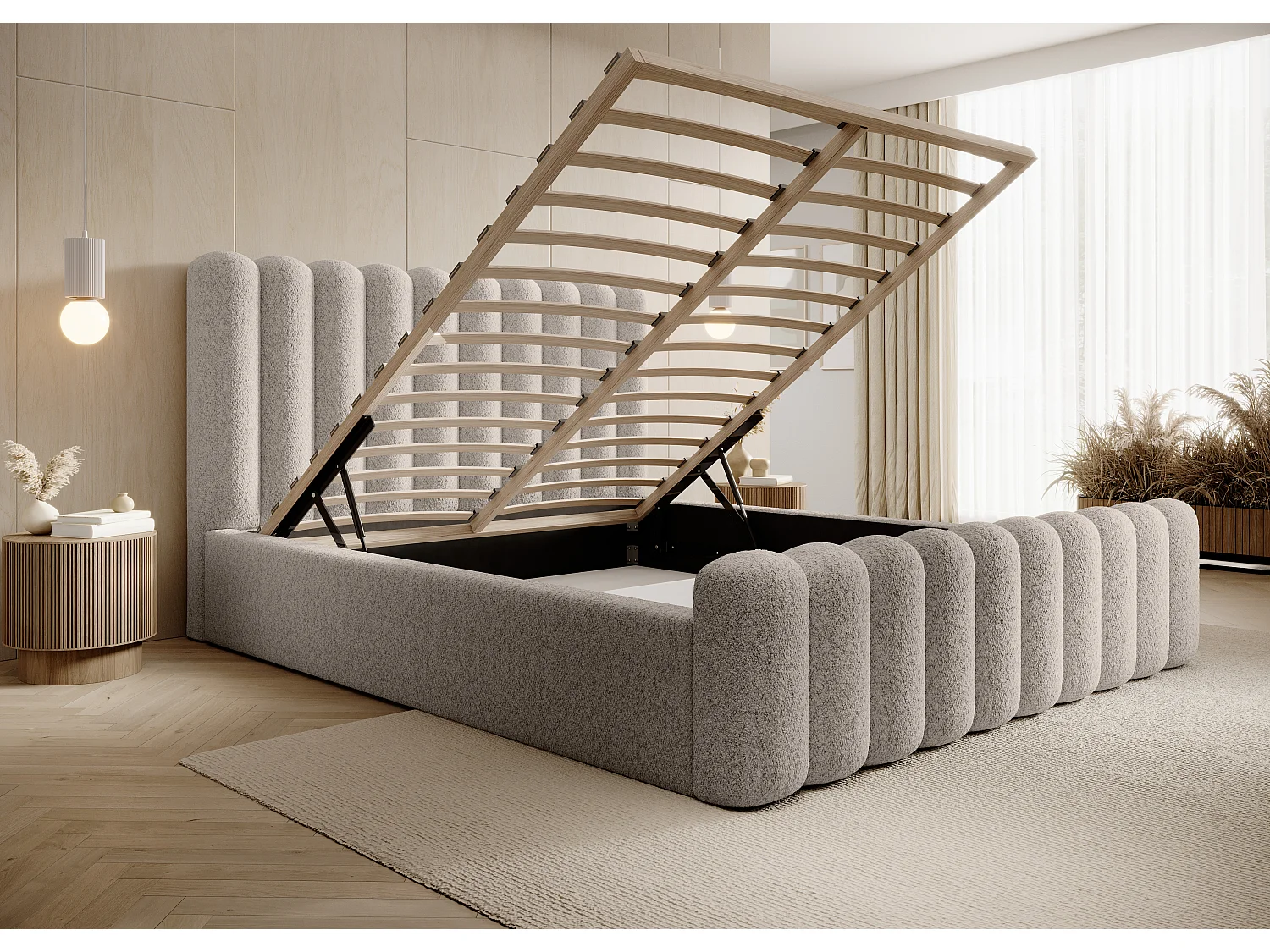 Mona VII DomoHome gestoffeerd bed, grote opbergruimte, modern design, 160x200 cm, BEIGE