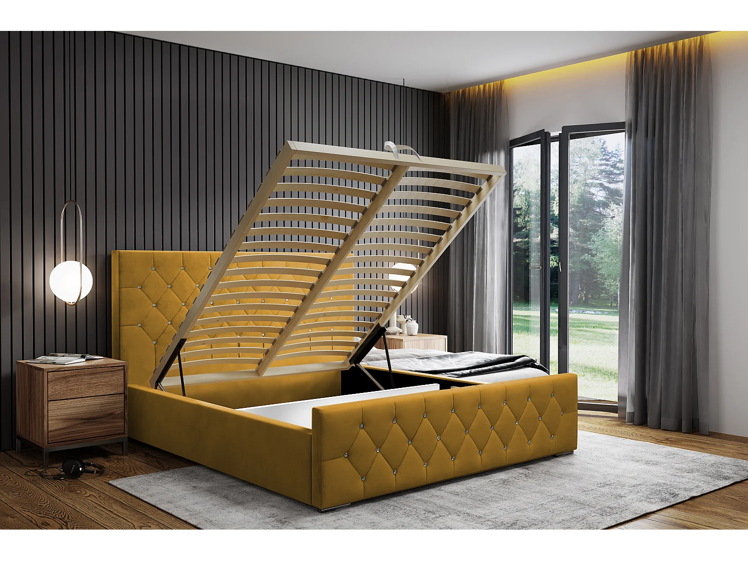 DomoHome - Mona I modern gestoffeerd bed, elegant hoofdeinde, praktische commode, Abriamo stof 180x200 cm, geel