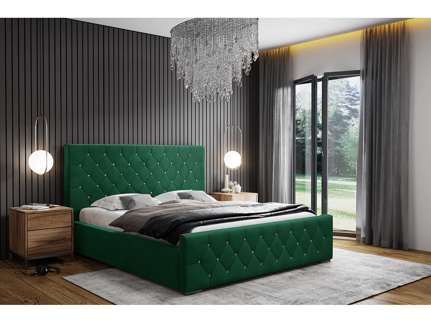 DomoHome - Mona I modern gestoffeerd bed, elegant hoofdeinde, praktische commode, Abriamo stof 200x200 cm, groen